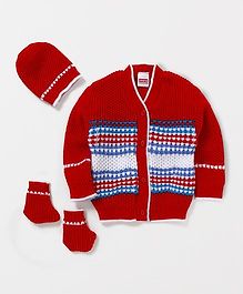Babyhug Cotton Knit Full Sleeves Sweater Set With Cap - Red
