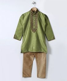 Babyhug Full Sleeves Kurta Pajama Set with Embroidered Jacket - Light Green & White