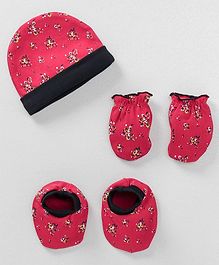 Babyhug 100% Cotton Knit Mittens & Booties with Floral Print - Red