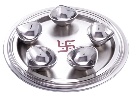 Ravenn Set of 5 Double Walled Steel Diyas in a Swastik Printed Thali