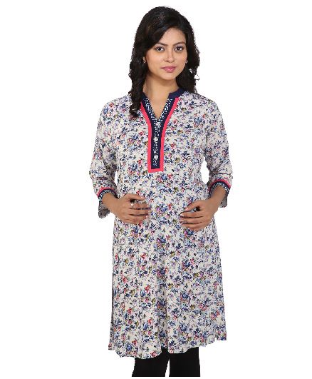 MomToBe Three Fourth Sleeves Maternity Kurti Floral Print - Blue & Cream