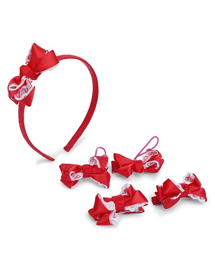 Anaira Princess Lace Hairband Hair Clip And Hair Rubber Band Set - Red