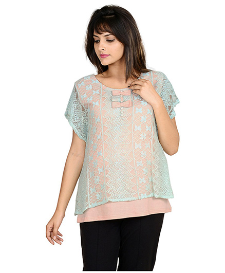 9teen Again Half Sleeves Maternity Top With Lace Details - Green