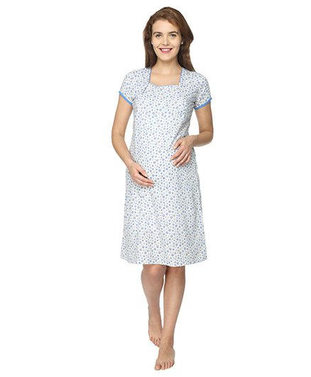 Morph Short Sleeves Maternity Nursing Floral Print - White Blue