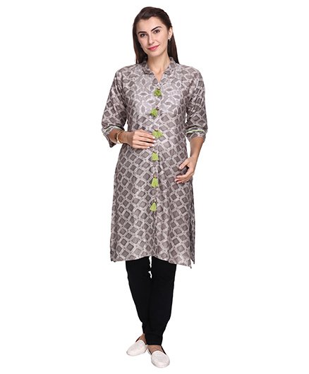 MomToBe Three Fourth Sleeves Maternity Kurti Diamond Print - Grey