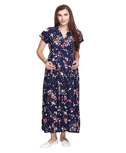 MomToBe Short Sleeves Maternity Dress Floral Print - Navy Blue