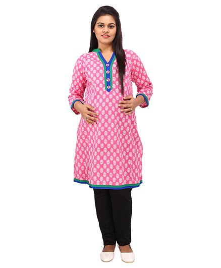 Mamma’s Maternity Three Fourth Sleeves Nursing Kurti Floral Print - Pink