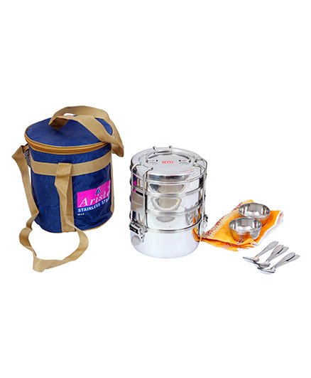Aristo Steel Picnic Tiffin Box Jumbo Containers Set Of 4 With Bag