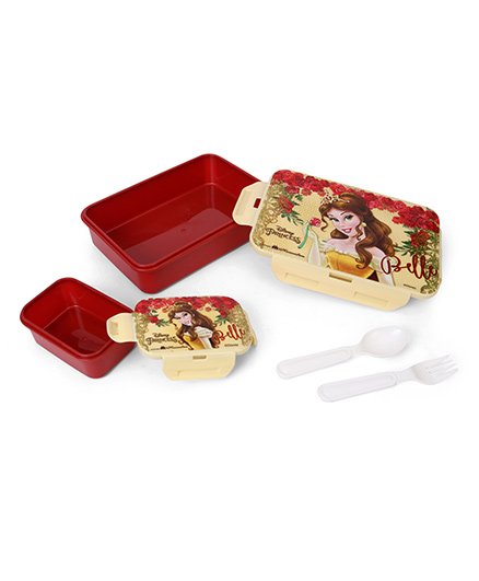 Disney Belle Lunch Box With Spoon, Fork & Small Box - Maroon & Cream