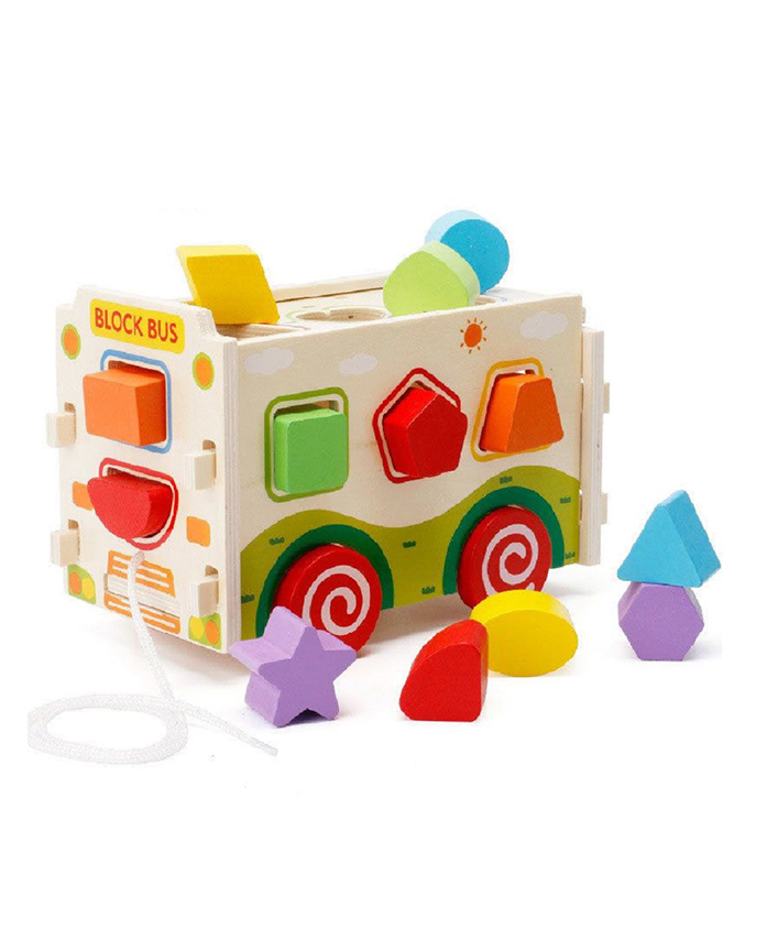 Emob Classic Wooden Assembling Push And Pull Along Shape Sorter Bus Learning Toy For Kids