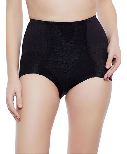 Clovia Tummy Tucking High Waist Brief Patterned Sheer Fabric - Black