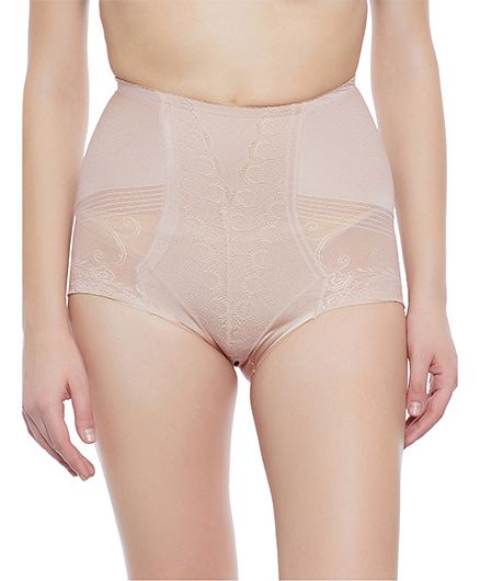 Clovia Tummy Tucking High Waist Brief Patterned Sheer Fabric - Beige