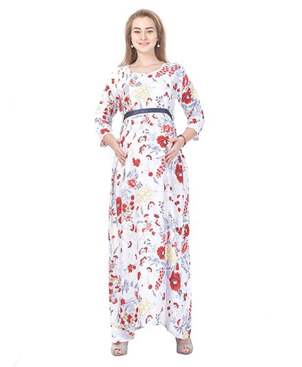 MomToBe Full Sleeves Maternity Dress Floral Print - White
