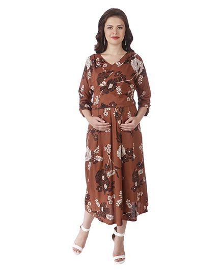 MomToBe Three Fourth Sleeves Maternity Dress Floral Print - Brown