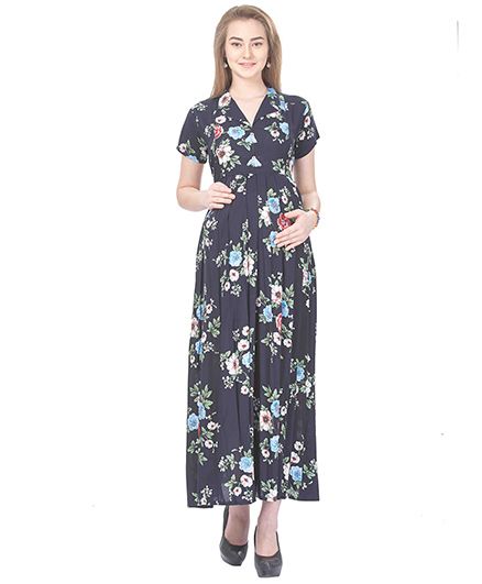 MomToBe Short Sleeves Maternity Dress Floral Print - Blue