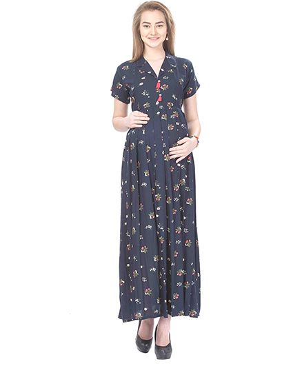 MomToBe Rayon Short Sleeves Maternity Dress Floral Print - Blue