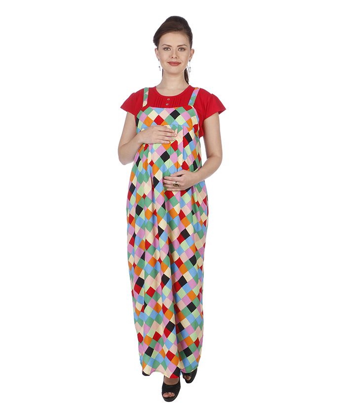 MomToBe Short Sleeves Maternity Dress Geometrical Print - Crimson Red