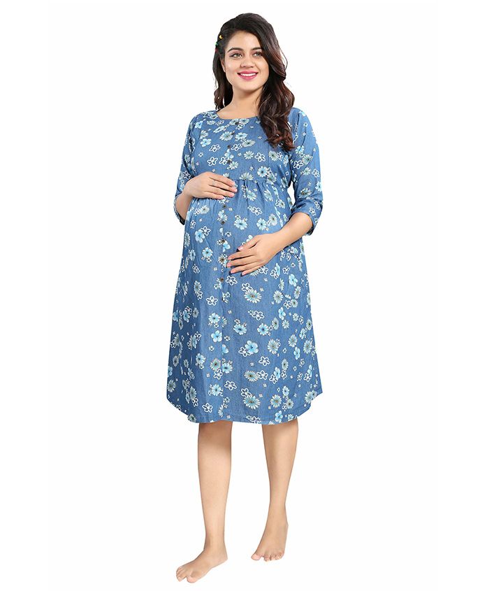Mamma's Maternity Three Fourth Sleeves Maternity Dress Floral Print - Blue