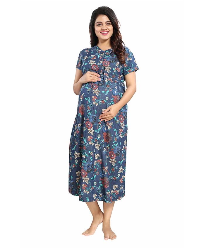 Mamma's Maternity Short Sleeves Denim Dress Floral Print - Dark Blue