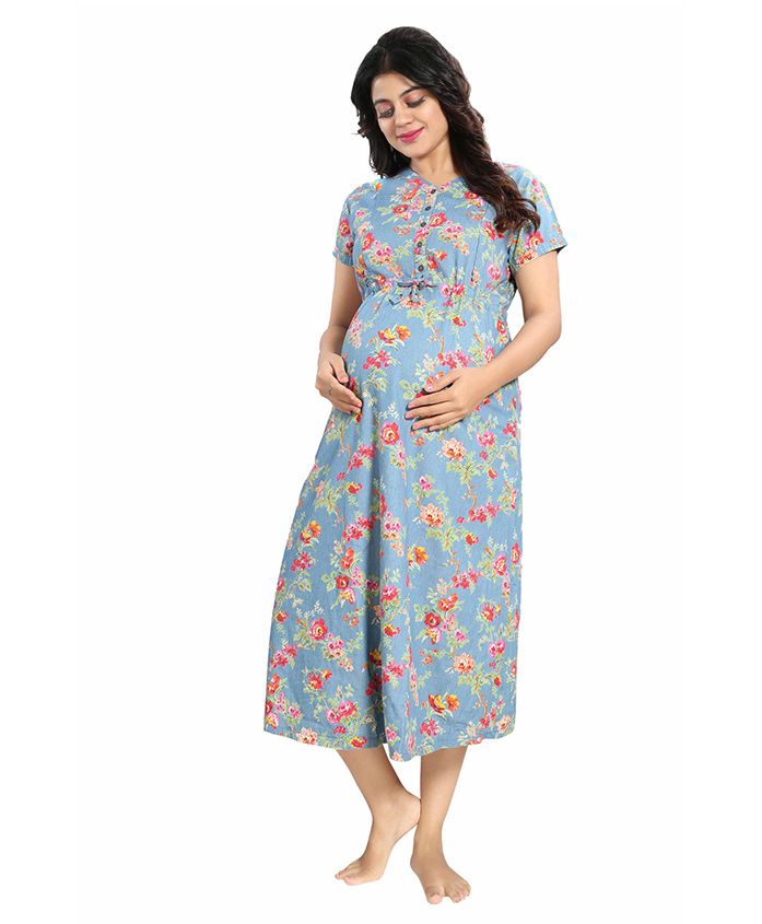 Mamma's Maternity Short Sleeves Denim Dress Floral Print - Light Blue - 2217773