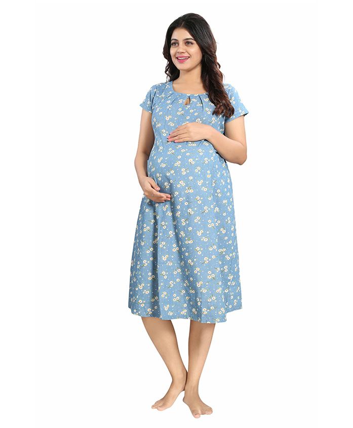 Mamma's Maternity Short Sleeves Denim Dress Floral Print - Light Blue