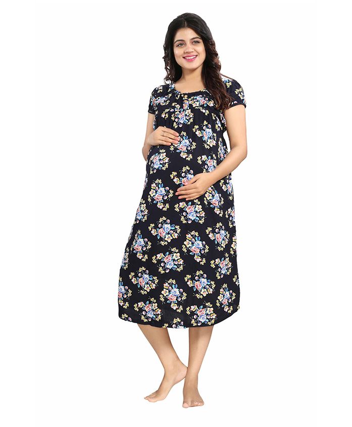 Mamma's Maternity Short Sleeves Rayon Dress Floral Print - Navy Blue