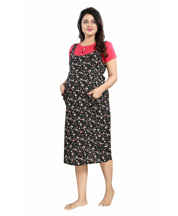Mamma's Maternity Short Sleeves Rayon Dress Floral Print - Black Red