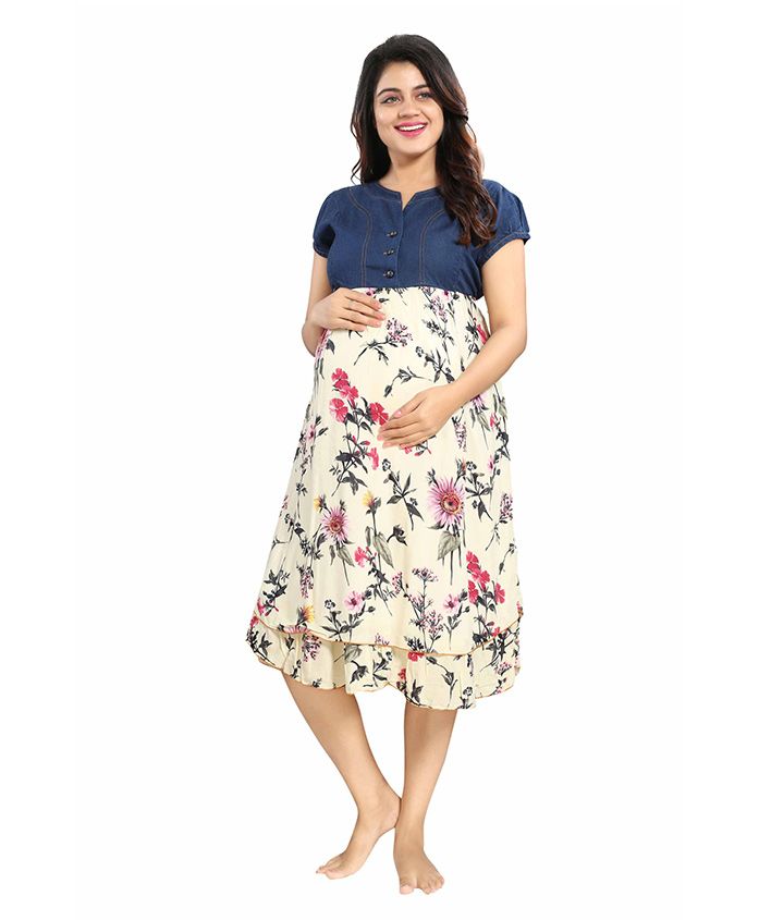 Mamma's Maternity Short Sleeves Rayon Dress Floral Print - Blue Cream