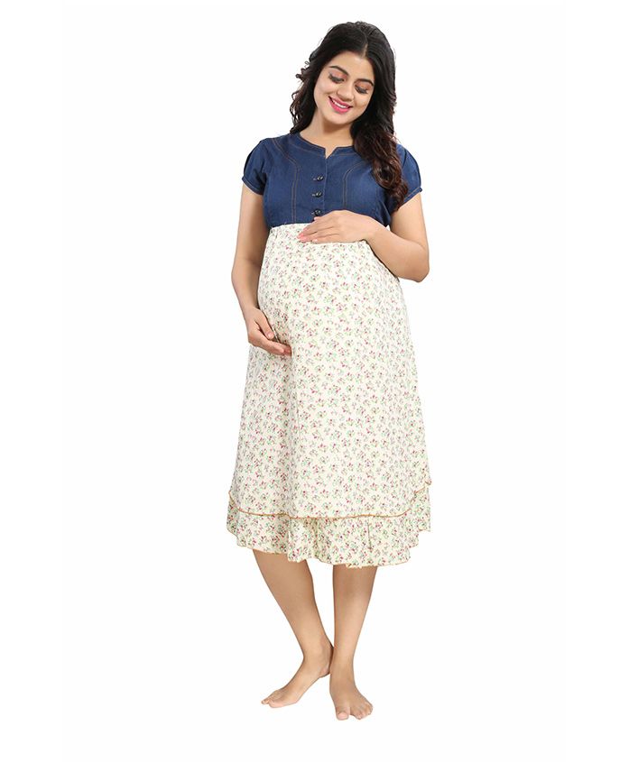 Mamma's Maternity Short Sleeves Rayon Dress Floral Print - Blue Off White