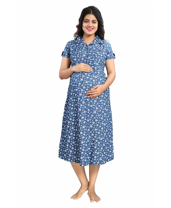 Mamma's Maternity Short Sleeves Denim Dress Floral Print - Blue