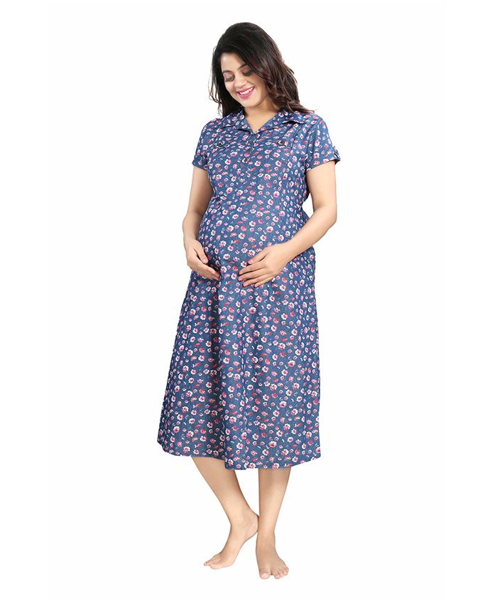 Mamma's Maternity Short Sleeves Denim Dress Floral Print - Blue Pink