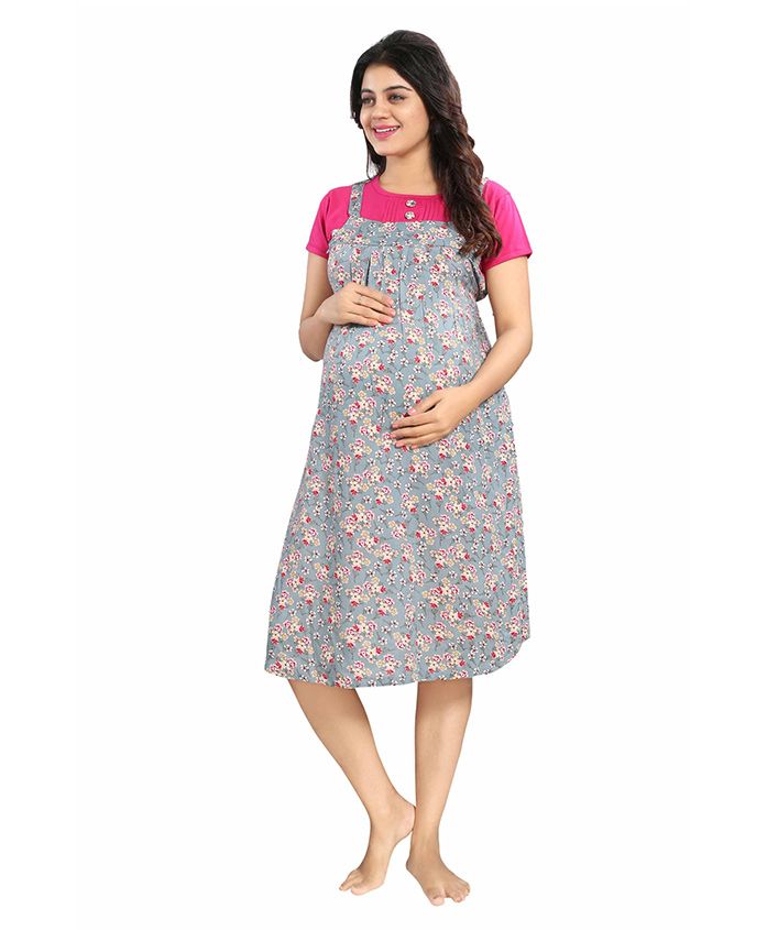 Mamma's Maternity Short Sleeves Rayon Dress Floral Print - Pink Grey