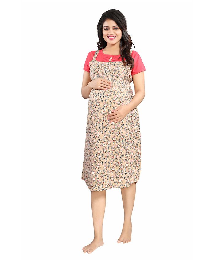 Mamma's Maternity Short Sleeves Rayon Dress Floral Print - Peach Beige