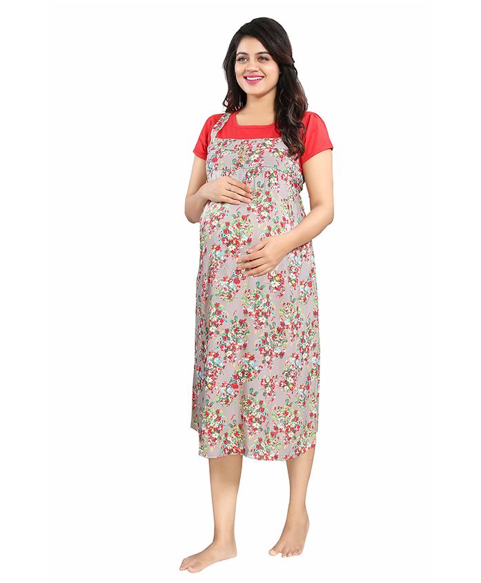 Mamma's Maternity Short Sleeves Rayon Dress Floral Print - Red Grey