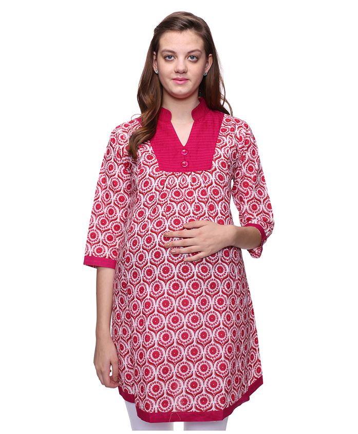 Mamma's Maternity Three Fourth Sleeves Nursing Kurti Floral Print - White Pink