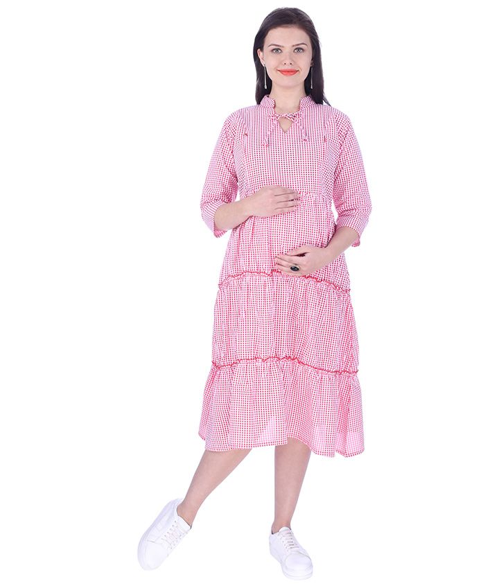 MomToBe Three Fourth Sleeves Maternity Dress - Red & White