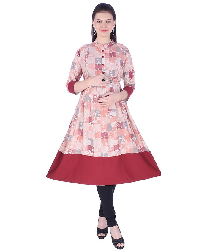 MomToBe Three Fourth Sleeves Maternity Kurti Floral Print - Mahogany Red
