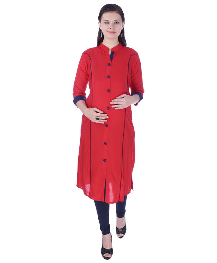 MomToBe Three Fourth Sleeves Maternity Kurti - Candy Red