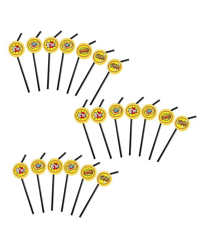 Party Propz Superhero Themed Straws Yellow & Black - Pack Of 20