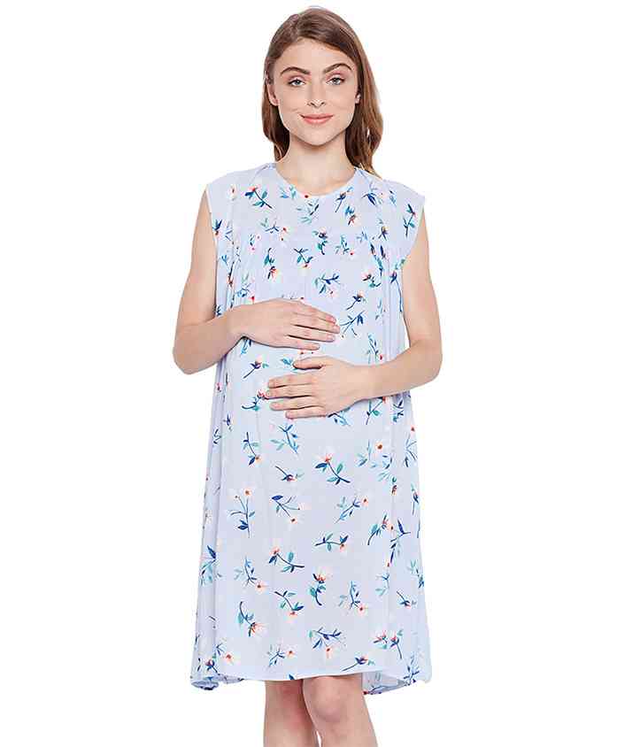 Oxolloxo Short Sleeves Maternity Dress Floral Print - Light Blue