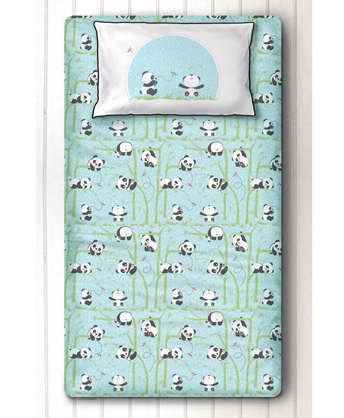 Silverlinen Panda Village Single Bed Sheet & Pillow Cover Set - Blue