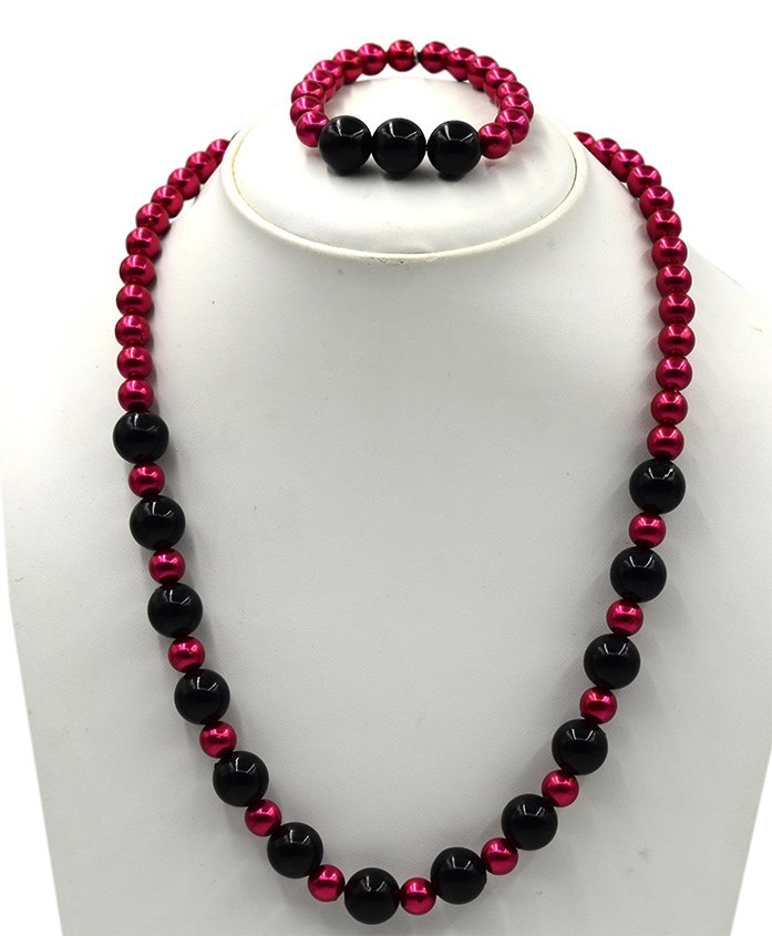 Magic Needles Pearl Necklace & Bracelet Set - Dark Pink