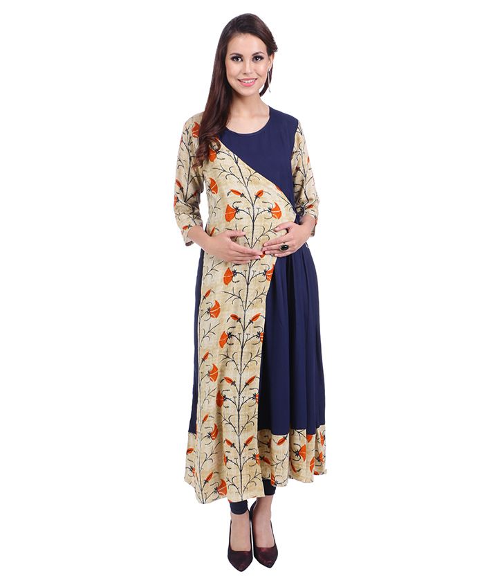 MomToBe Three Fourth Sleeves Maternity Kurti Floral Print - Navy