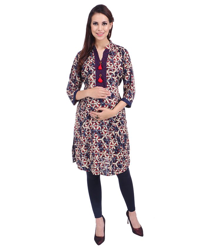 MomToBe Three Fourth Sleeves Maternity Kurti Abstract Print - Beige