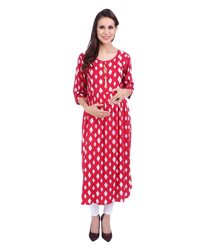 MomToBe Three Fourth Sleeves Maternity Kurti Diamond Print - Red