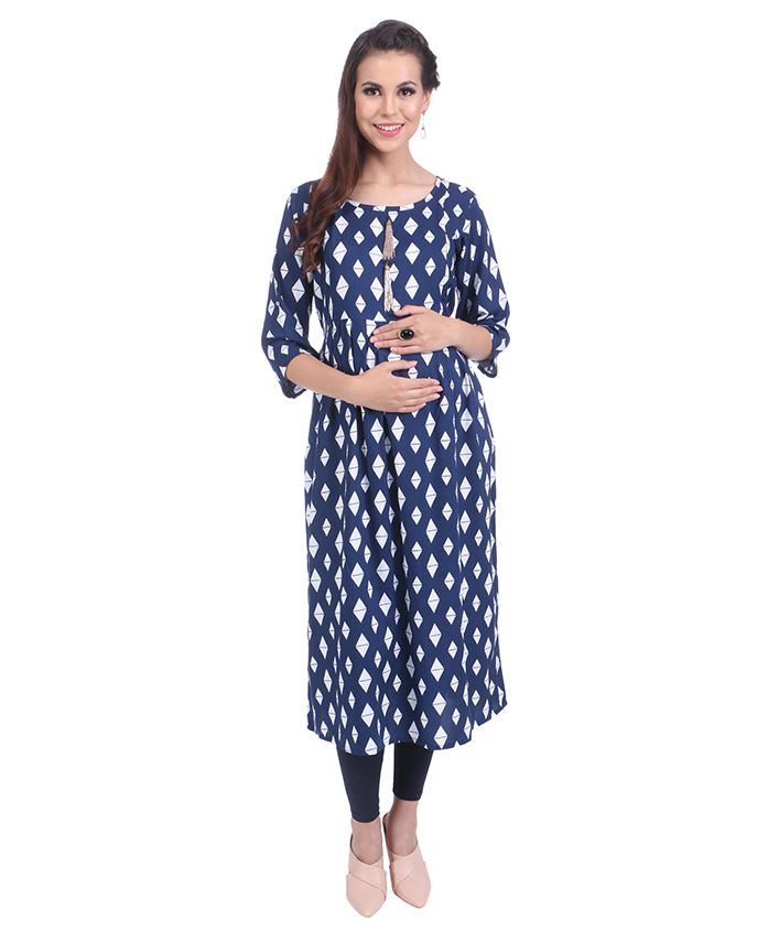 MomToBe Three Fourth Sleeves Maternity Kurti Diamond Print - Blue