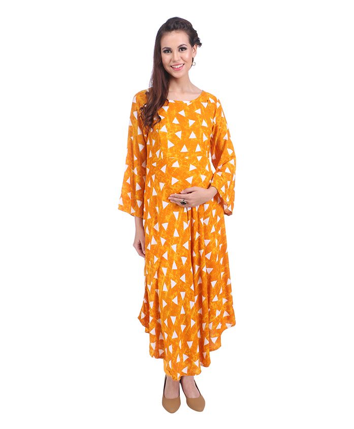 MomToBe Three Fourth Sleeves Maternity Kurti Geometric Print - Yellow