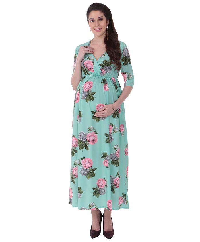 MomToBe Half Sleeves Maternity Dress Floral Print - Sea Green