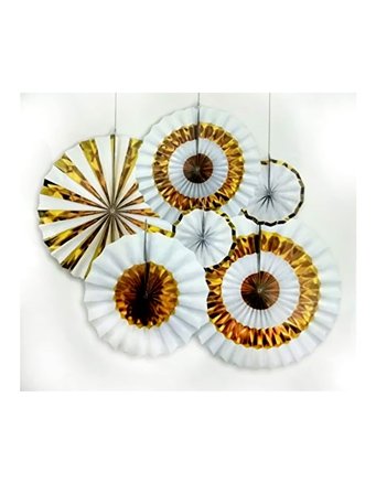 Party Propz Hanging Paper Fans Decorations White Golden- Set Of 6