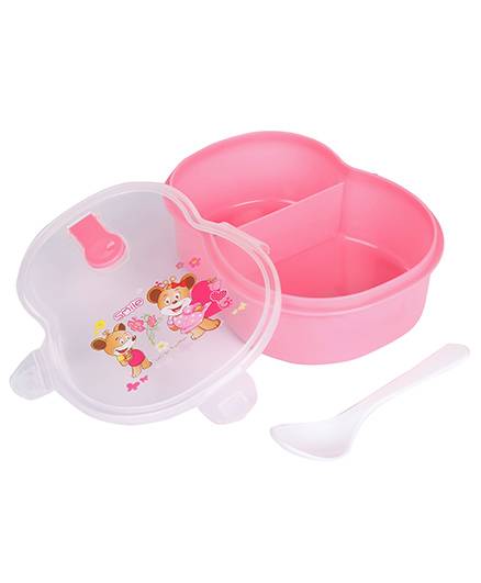 Lunch Box With Spoon Animal Cartoon And Floral Print - Pink